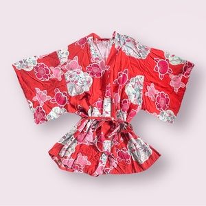 Stunning Josie By Josie Natori Washed Satin Wrap / Robe in Red/Pink Floral, sz M